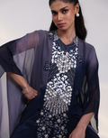Luxury Navy Grey Kaftan Set with Front Silver Embellishments and Flared Pants_1