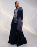 Luxury Navy Grey Kaftan Set with Front Silver Embellishments and Flared Pants_2