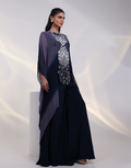 Luxury Navy Grey Kaftan Set with Front Silver Embellishments and Flared Pants_4