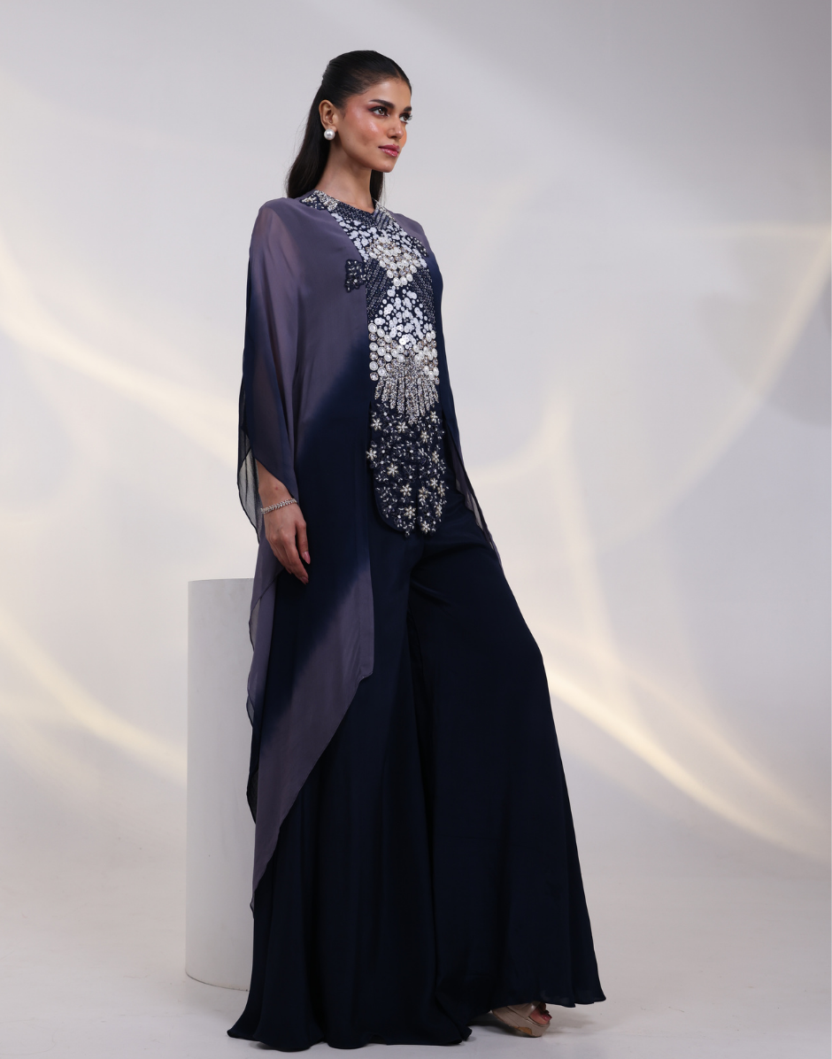 Luxury Navy Grey Kaftan Set with Front Silver Embellishments and Flared Pants_4