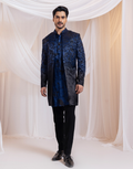 Luxury Navy Ombré Bandhgala Midnight Black Gradient Linen Satin Achkan