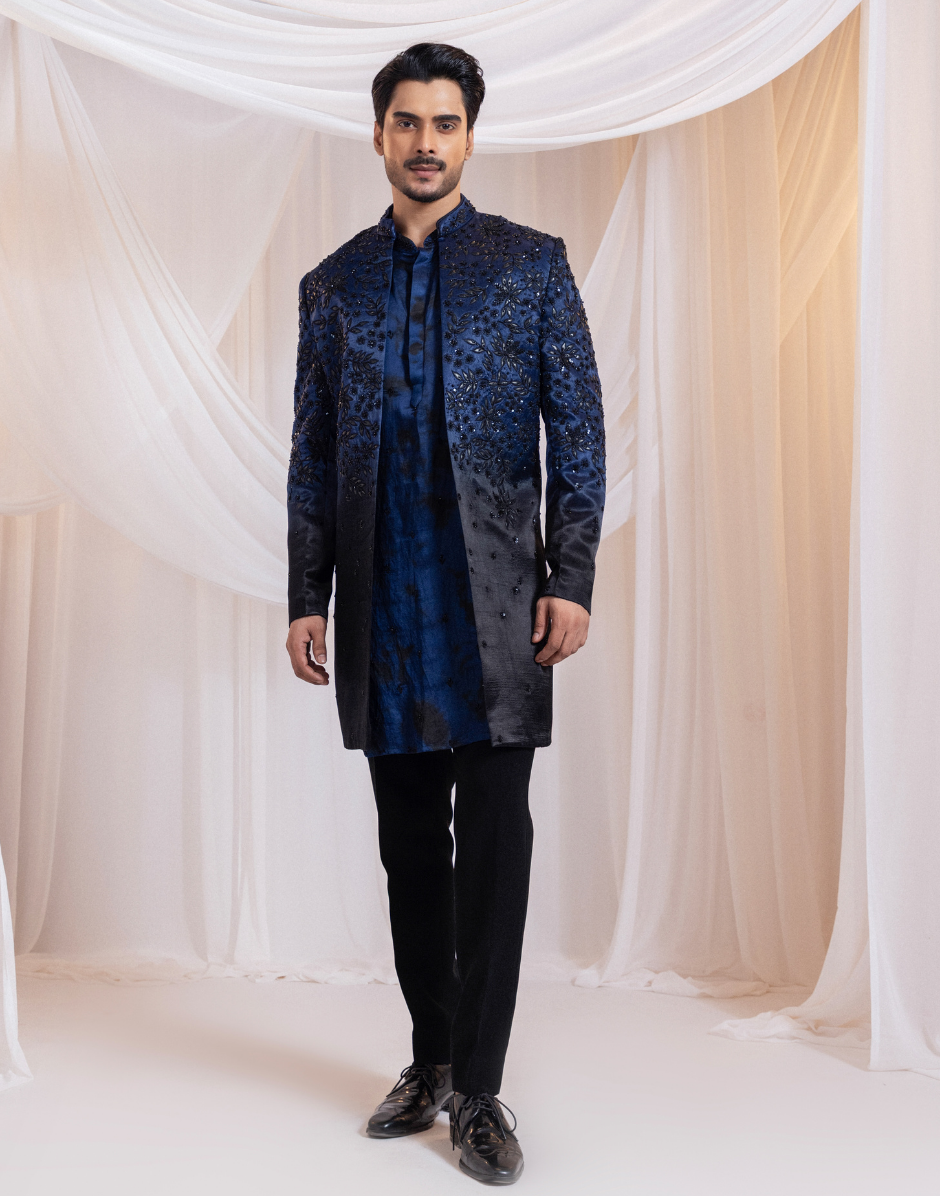 Luxury Navy Ombré Bandhgala Midnight Black Gradient Linen Satin Achkan