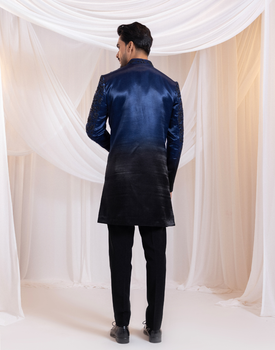 Luxury Navy Ombré Bandhgala Midnight Black Gradient Linen Satin Achkan_1
