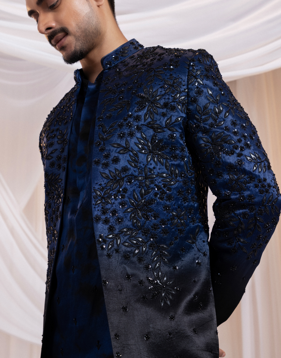 Luxury Navy Ombré Bandhgala Midnight Black Gradient Linen Satin Achkan_2