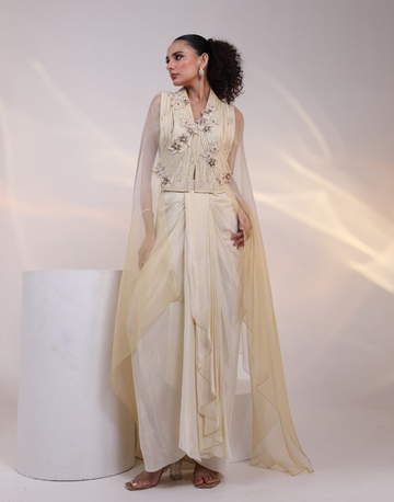 Luxury Off-White Jacket and Dhoti Pant Set with Attached Ombre Sheer Organza Cape
