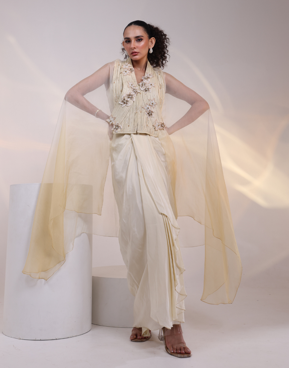 Luxury Off-White Jacket and Dhoti Pant Set with Attached Ombre Sheer Organza Cape