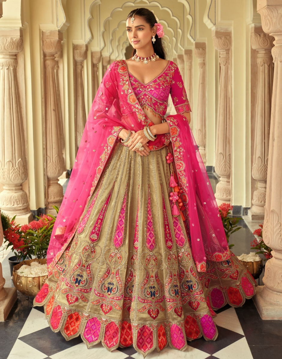 Luxury Silk Embroidered Lehenga Set with Cut Work Border & Mirror Work Blouse & Net Dupatta Included - Buy