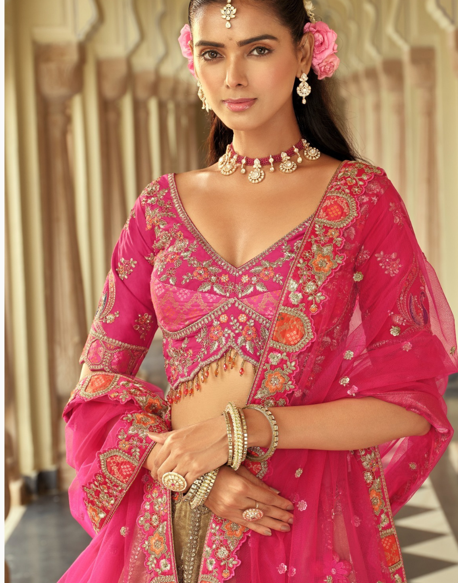 Luxury Silk Embroidered Lehenga Set with Cut Work Border & Mirror Work Blouse & Net Dupatta Included - Buy_1