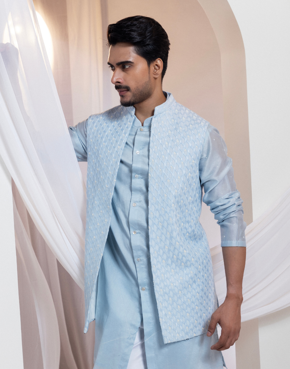 Luxury Sky-Blue Nehru Jacket Set Diamond-Textured Beadwork with Chandari Kurta and Cotton Trousers