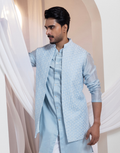 Luxury Sky-Blue Nehru Jacket Set Diamond-Textured Beadwork with Chandari Kurta and Cotton Trousers_1