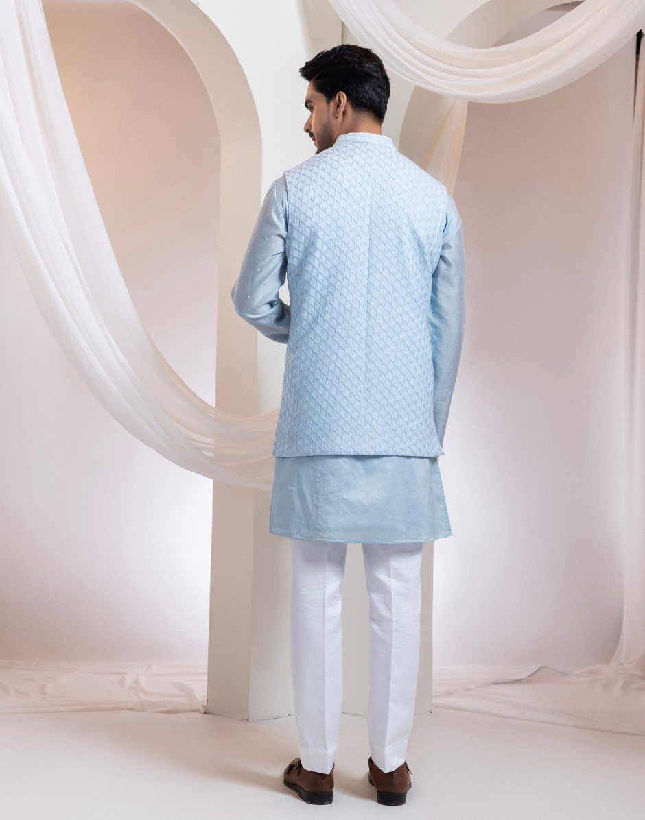 Luxury Sky-Blue Nehru Jacket Set Diamond-Textured Beadwork with Chandari Kurta and Cotton Trousers_2