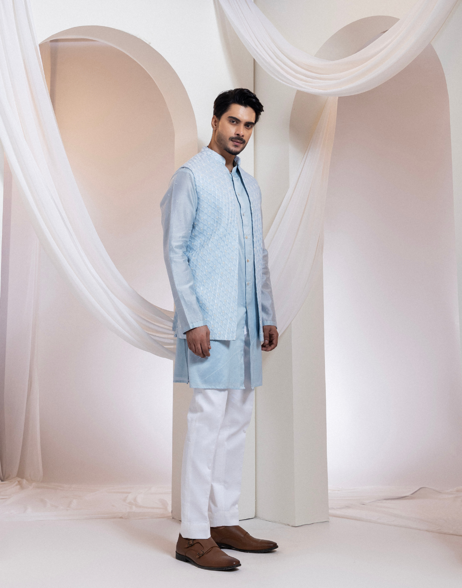 Luxury Sky-Blue Nehru Jacket Set Diamond-Textured Beadwork with Chandari Kurta and Cotton Trousers_3