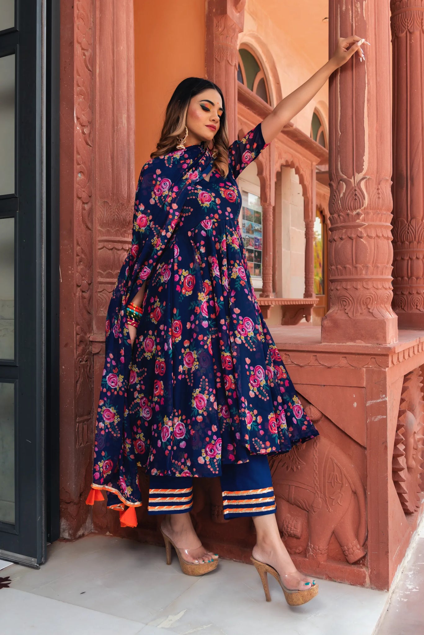 POMCHA JAIPUR'S MANJARI ORGANZA PHOOL JAAL ANARKALI SET - RENT