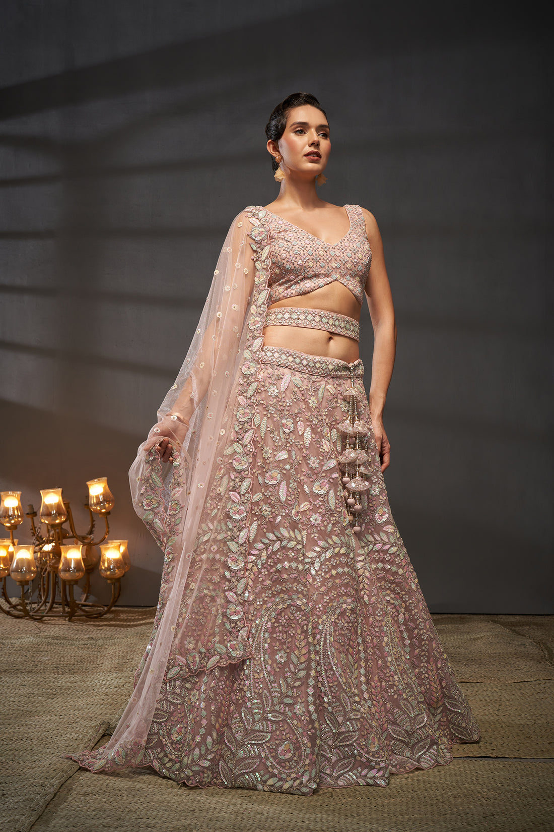 Pink Georgette Sequins And Thread Work Lehenga, Choli, And Dupatta