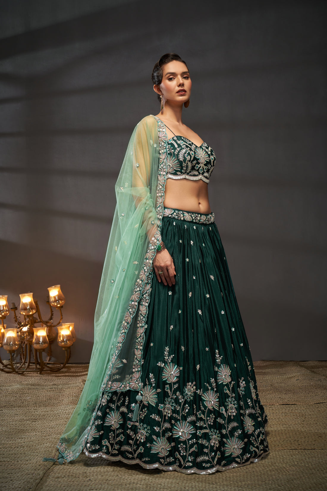 Classy Green Georgette Lehenga Choli with Sequins - Rent