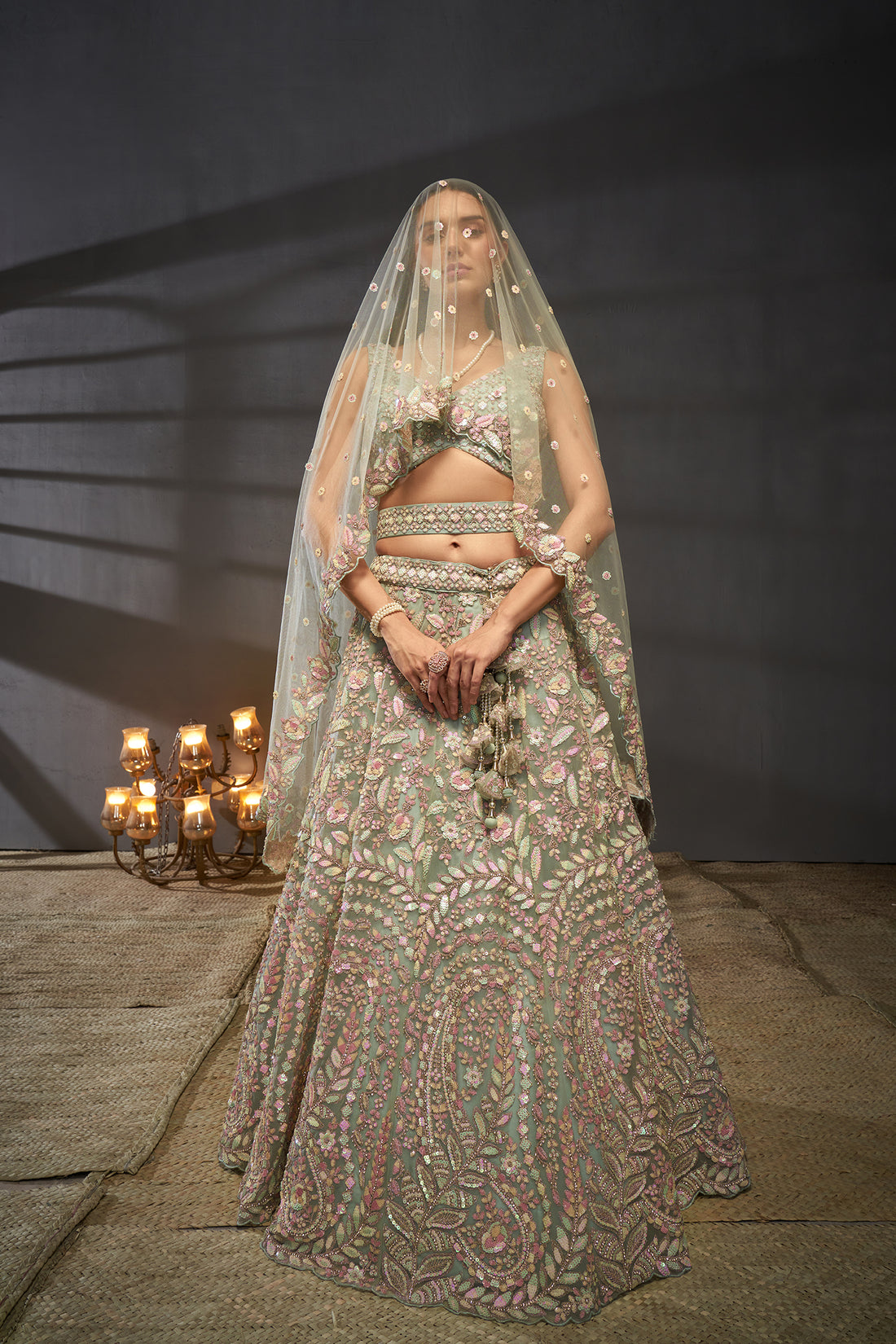 This Golden pure georgette sequins and thread work lehenga, choli, and dupatta