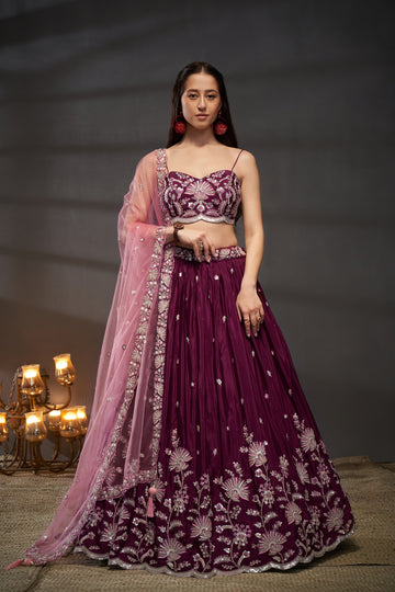 Exquisite Burgundy Pure Georgette Lehenga Choli with Sequins  - Rent Now