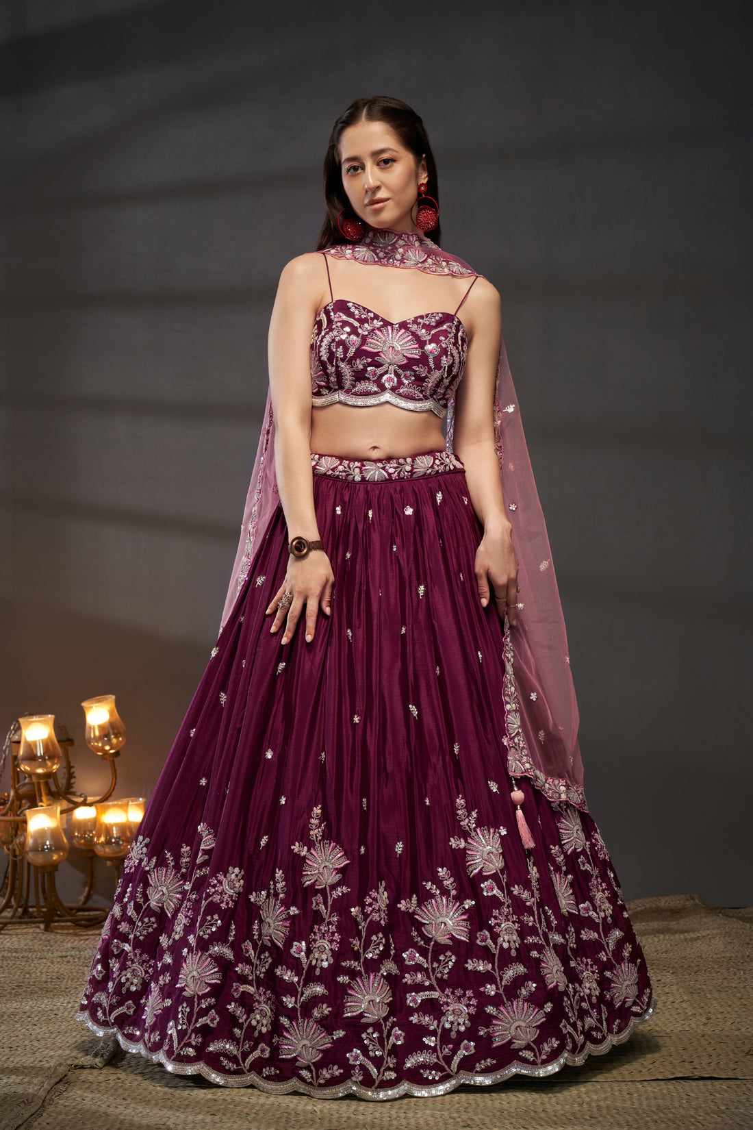 Exquisite Burgundy Pure Georgette Lehenga Choli with Sequins  - Rent Now