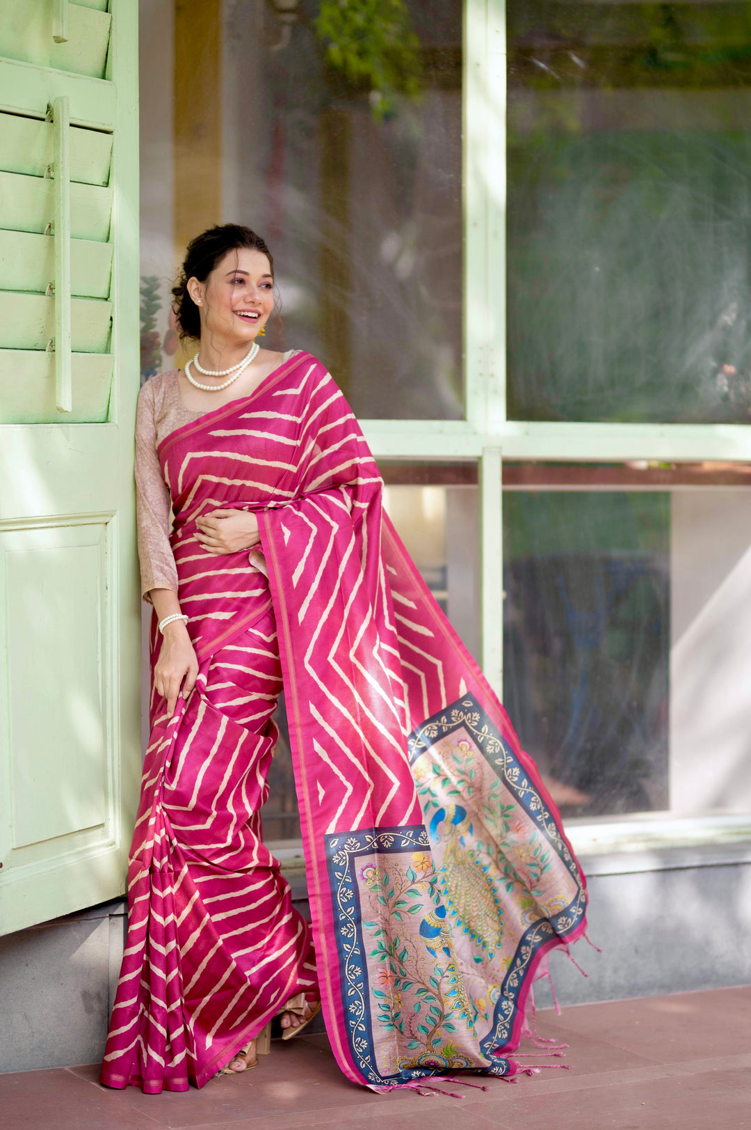 Beautiful Tussar silk chevron  printed saree - Rent