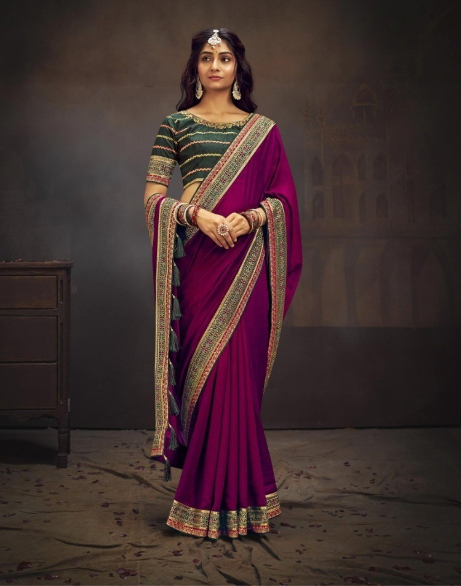 Magenta Blooming Saree Swarovski Sequin Work with Unique Border & Designer Blouse - Buy
