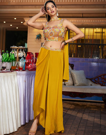 Magnificent Mustard Designer Embroidered Sequin Crop Top with Drape Skirt & Dupatta