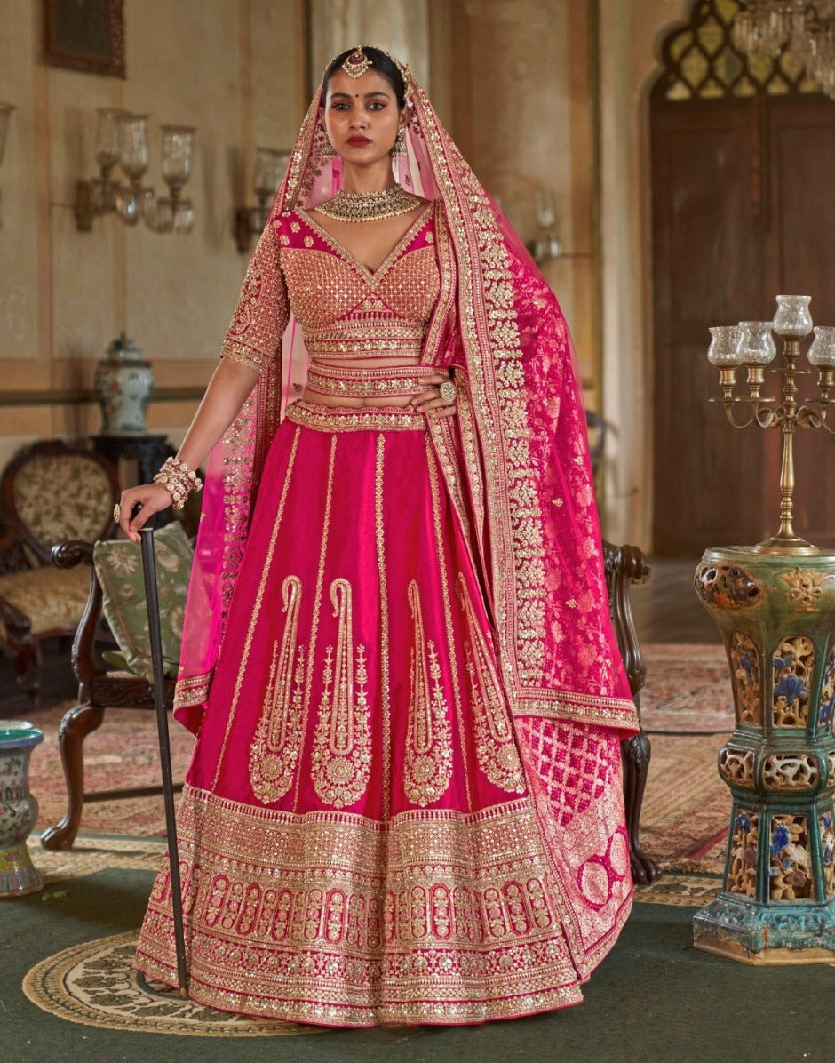Majestic Art Silk Heavy Work Lehenga Set with Embroidery & Embellishments Ideal for Brides & Bridesmaids - Buy