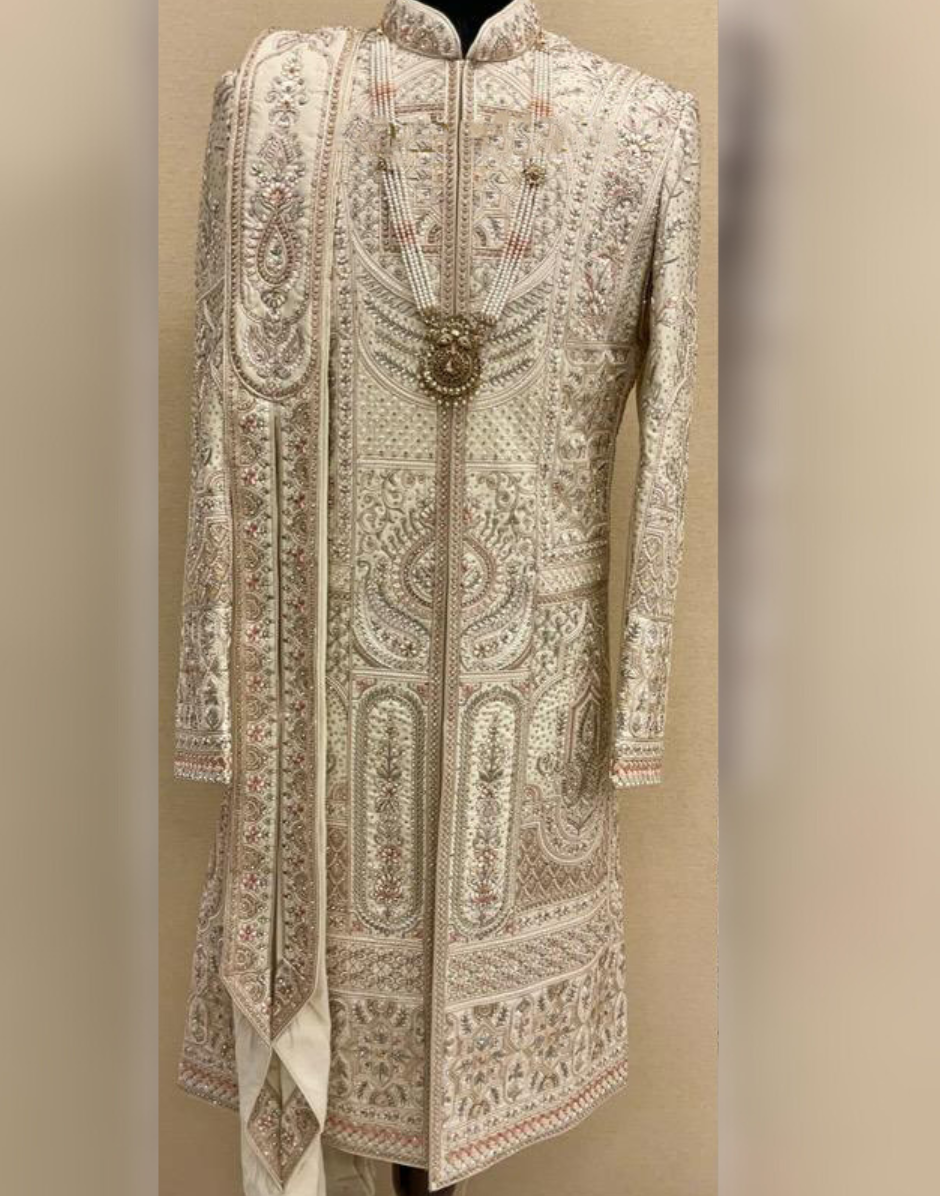 Majestic Fawn Sherwani Set with Intricate Embroidery & Hand Embellishments