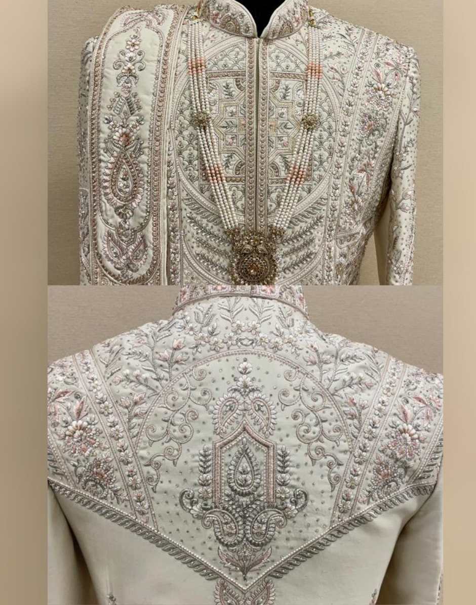 Majestic Fawn Sherwani Set with Intricate Embroidery & Hand Embellishments_1