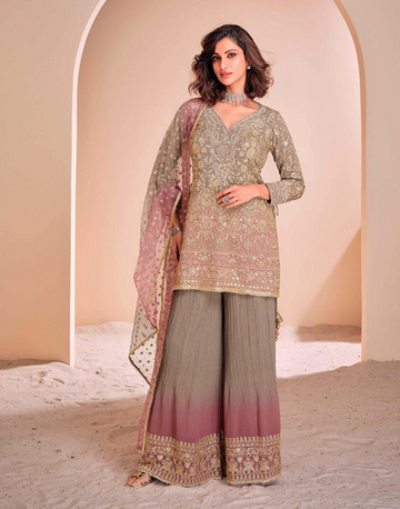 Majestic Georgette Heavy Embroidered Top with Handcrafted Embellished Palazzo, and Stunning Embroidered Dupatta