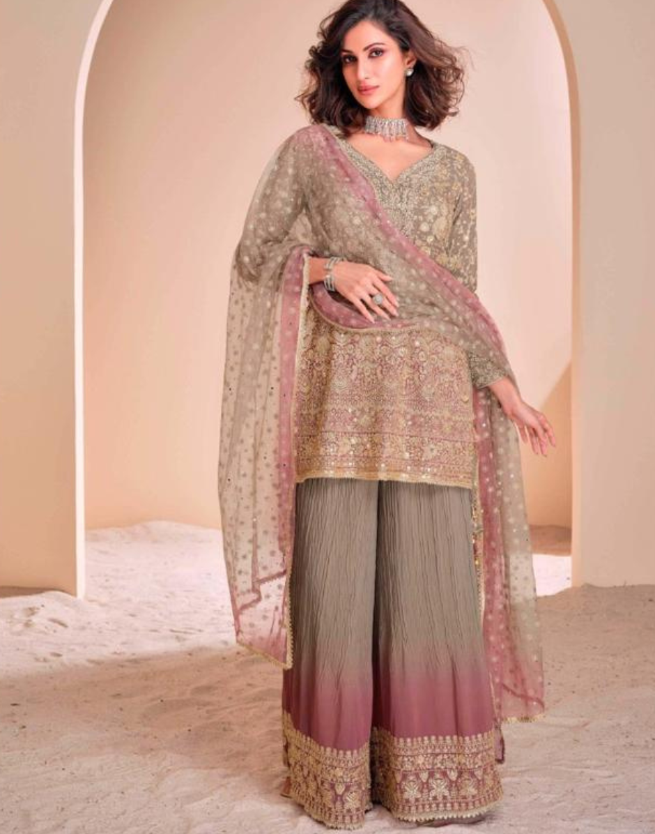 Majestic Georgette Heavy Embroidered Top with Handcrafted Embellished Palazzo, and Stunning Embroidered Dupatta