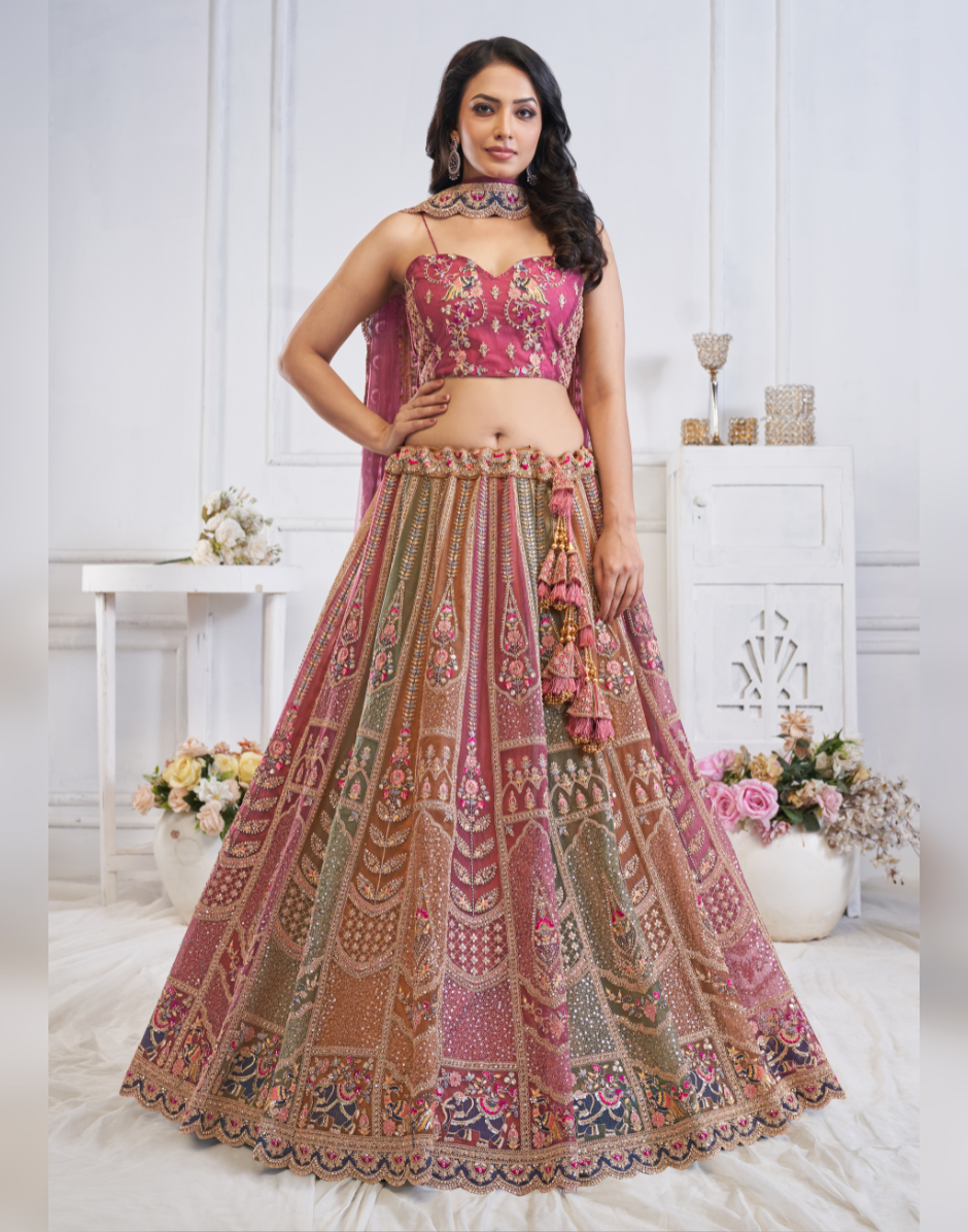 Majestic Multicoloured Zari Weaving Net Lehenga Choli With Dupatta