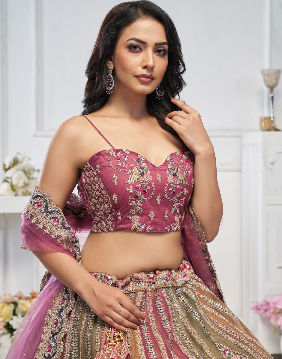 Majestic Multicoloured Zari Weaving Net Lehenga Choli With Dupatta