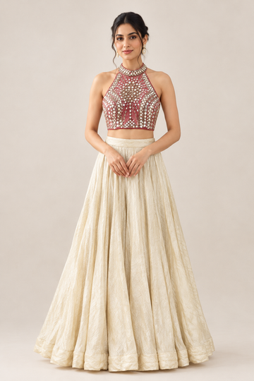 Maroon mirror-work Crop top Lehenga for Bridesmaid – RENT