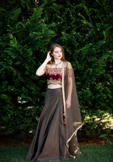 Maroon And Grey Classy Combination Silk Lehenga Choli - Rent