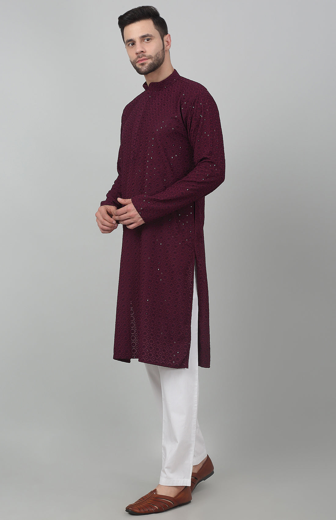 Maroon Checkered Thread Work Kurta Set - Rent