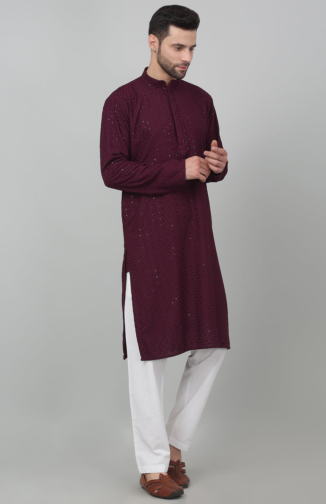 Maroon Checkered Thread Work Kurta Set - Rent