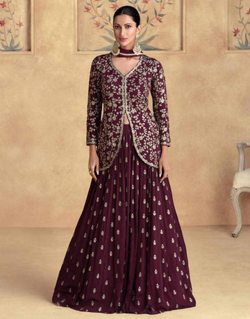 Maroon Embroidered Front Slit Top Bottom and Dupatta Set