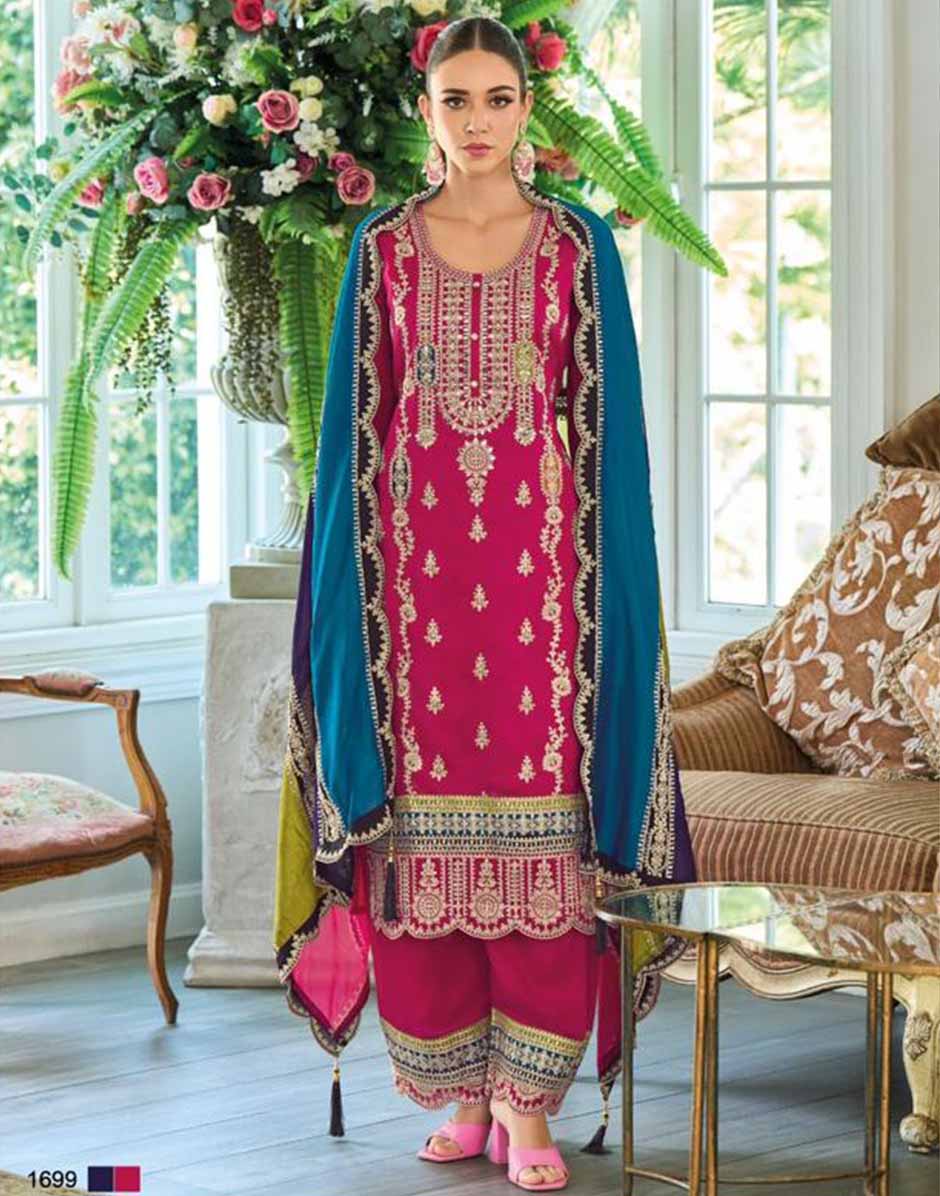 Maroon Embroidered Sequence Work Kurta Palazzo & Dupatta Set