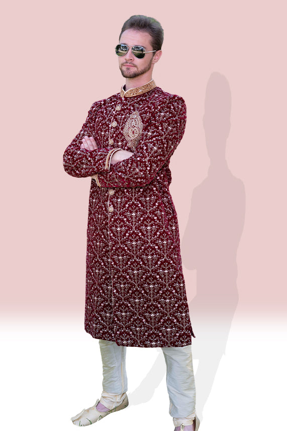 Maroon Full embroidered Groom Kurta Set - Rent