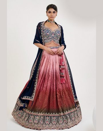 Maroon Georgette Jacquard Lehenga Embroidered Blouse & Handwork Dupatta Ensemble