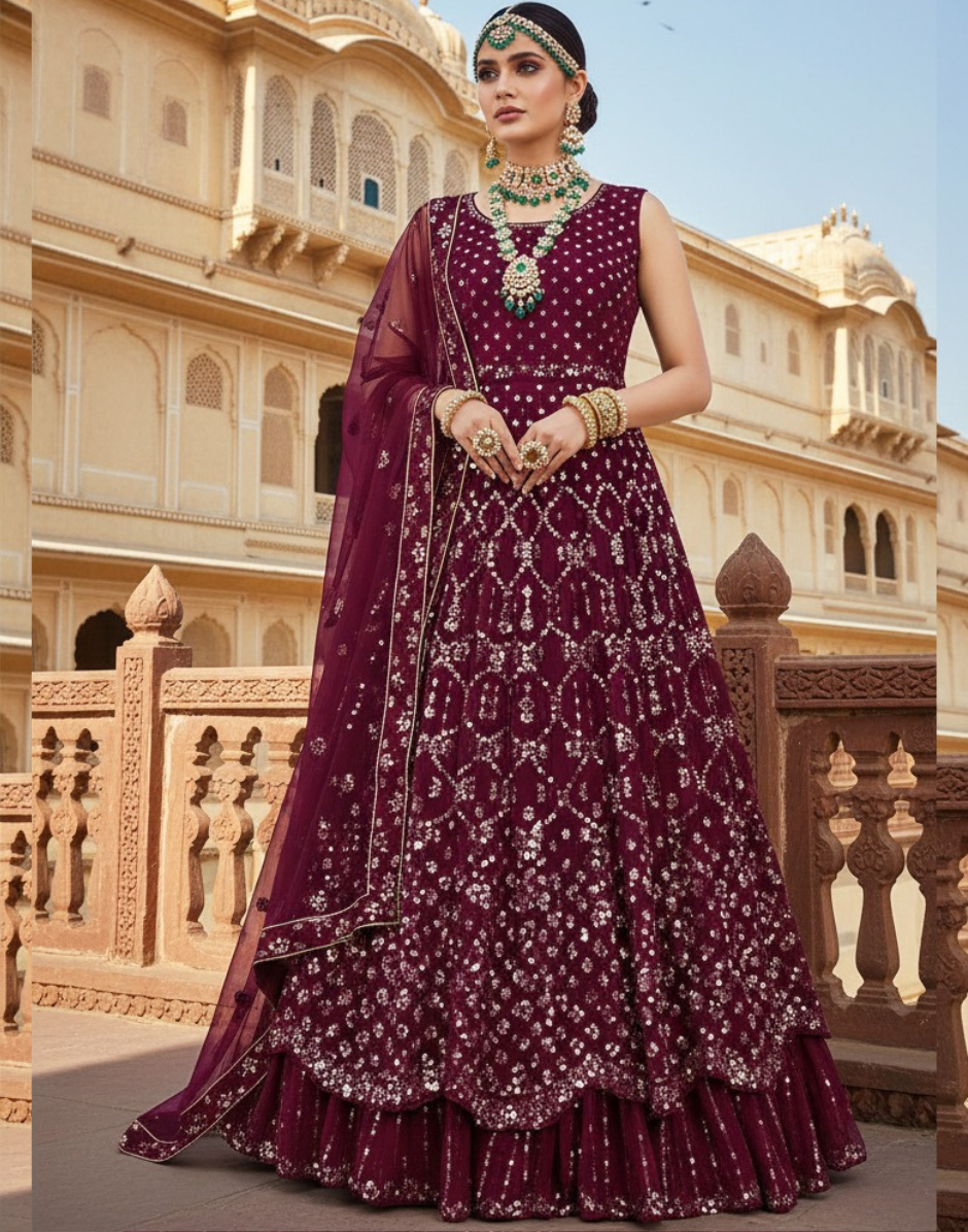 Maroon Georgette Sequins Embroidery Lehenga Set with Net Dupatta Glamorous Party & Sangeet Outfit - Buy