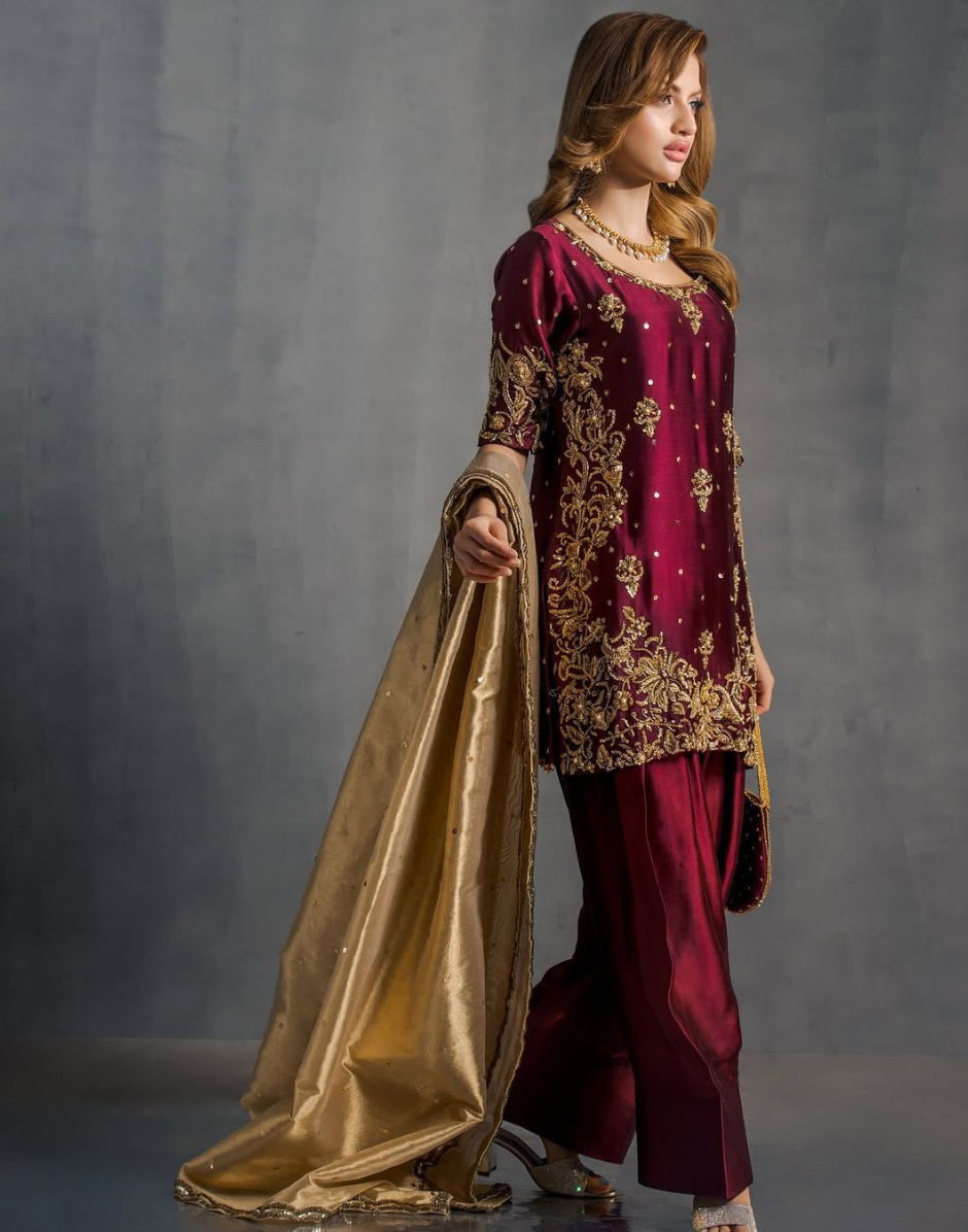 Maroon Sequin Embroidered Punjabi Salwar Suit Set with Stylish Dupatta