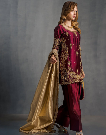 Maroon Sequin Embroidered Punjabi Salwar Suit Set with Stylish Dupatta