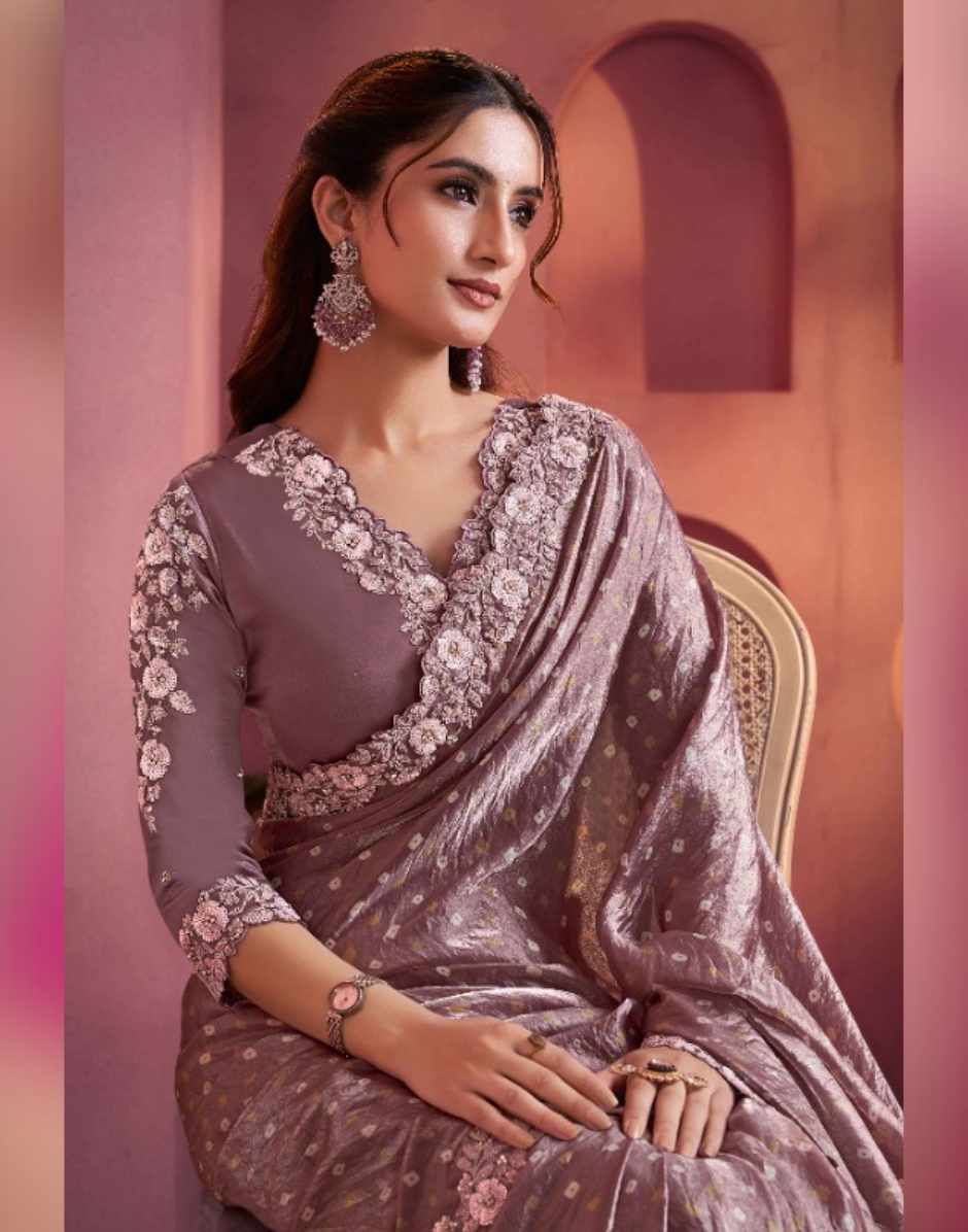 Mauve Bandhani Saree in Satin Silk Two-Tone Finish with Embroidery & Handcrafted Embellishments - Buy