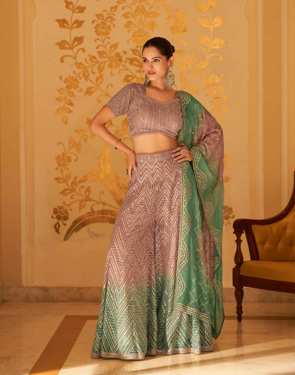 Mauve Glow Heavy Embroidered Georgette Palazzo with Matching Blouse & Dupatta - Buy