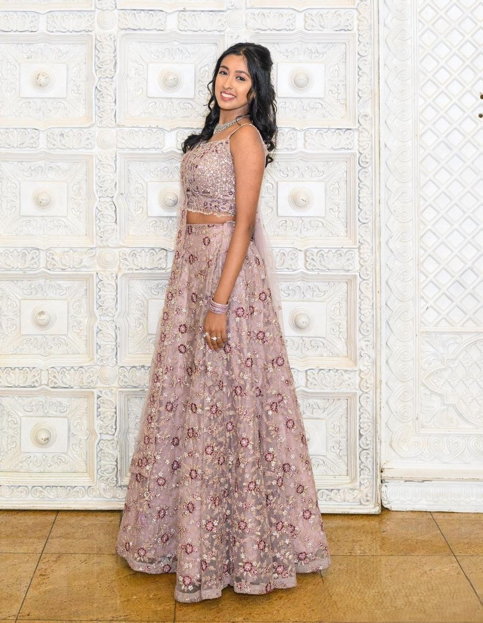 Mauve Lehenga Set With All Over Embroidery - Rent