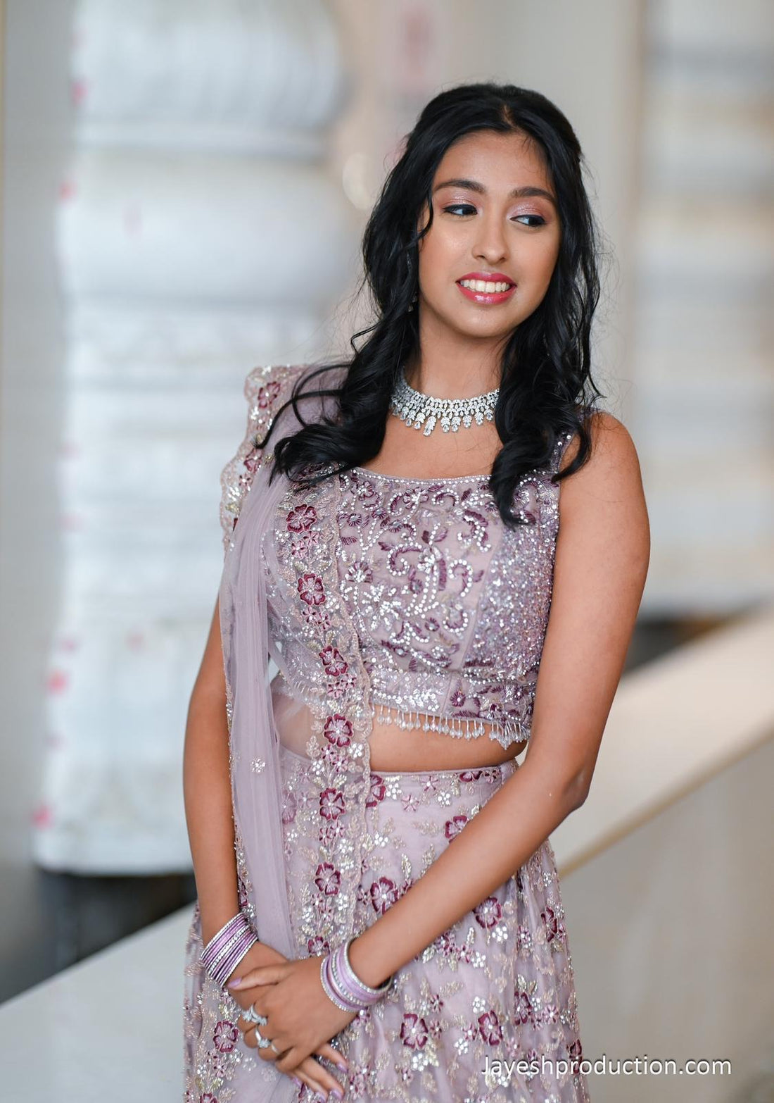 Mauve Lehenga Set With All Over Embroidery - Rent