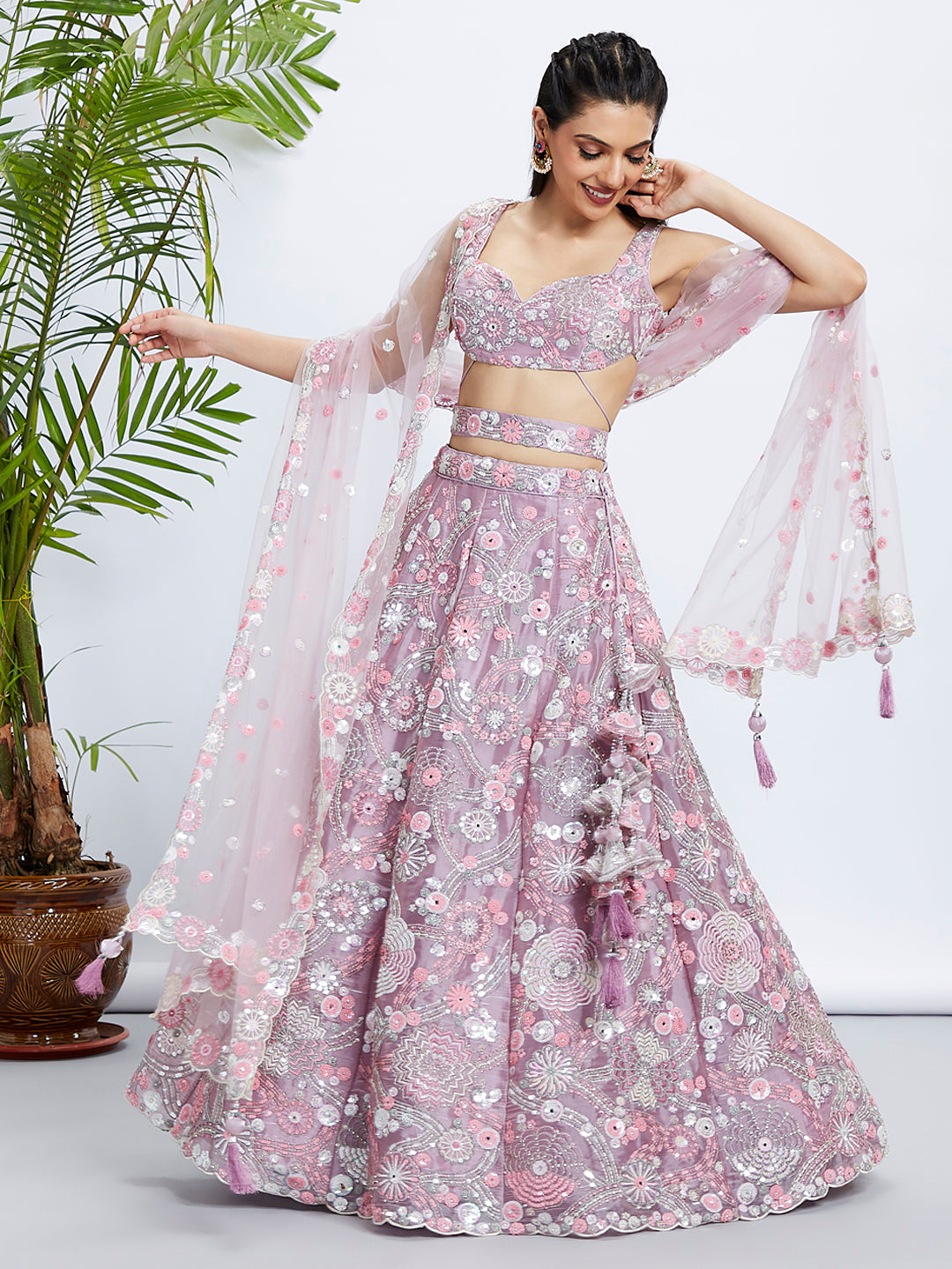 Mauve Organza Sequins Zarkan And Thread Embroidery Lehenga Choli & Dupatta - Rent