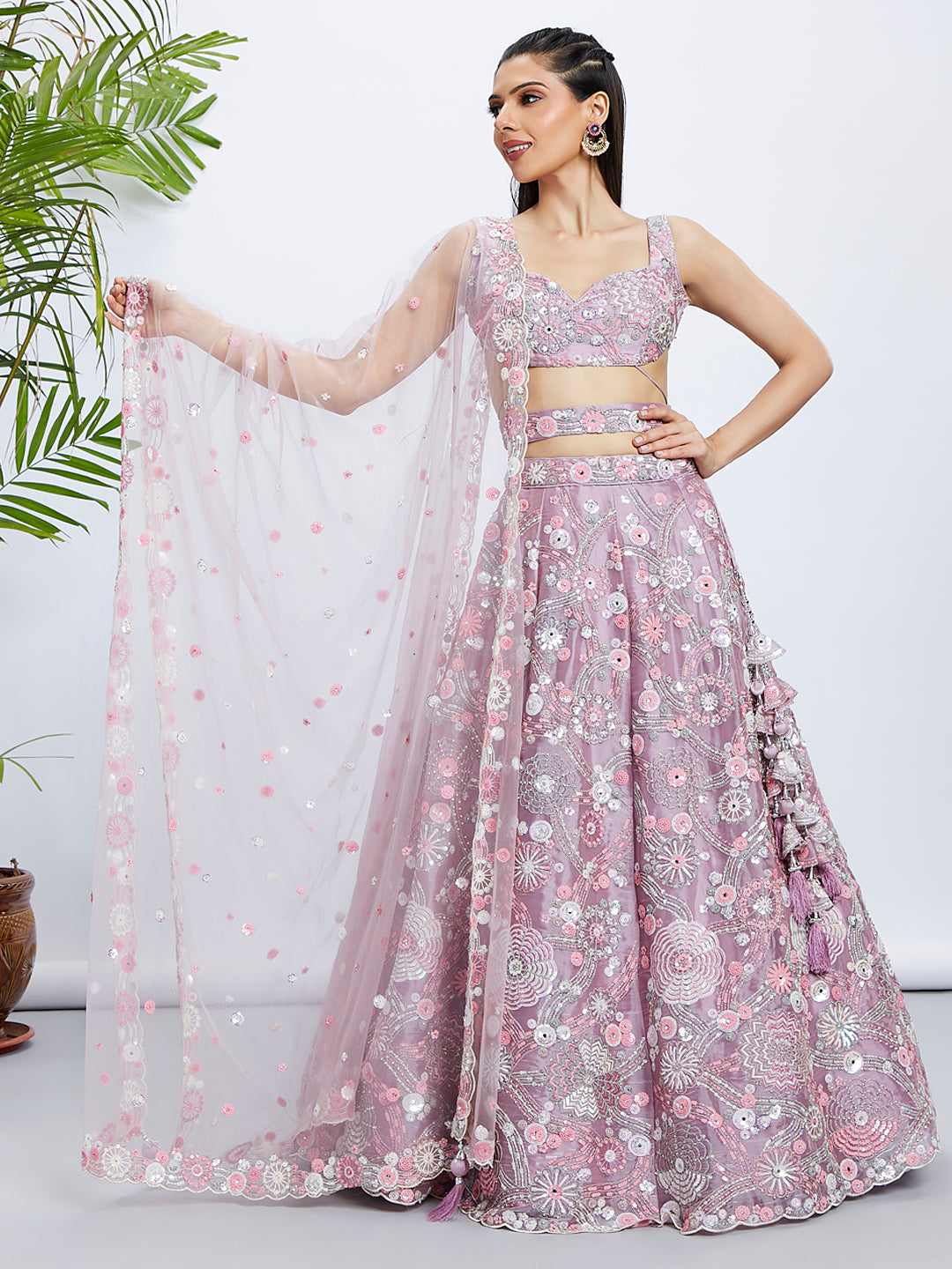 Mauve Organza Sequins Zarkan And Thread Embroidery Lehenga Choli & Dupatta - Rent