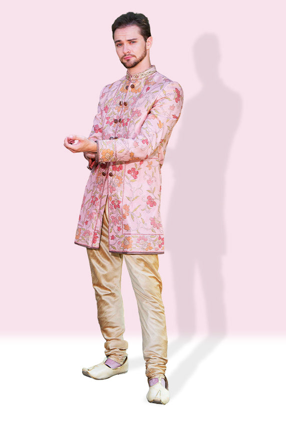 Mauve Pink Silk Royal Sherwani - Rent